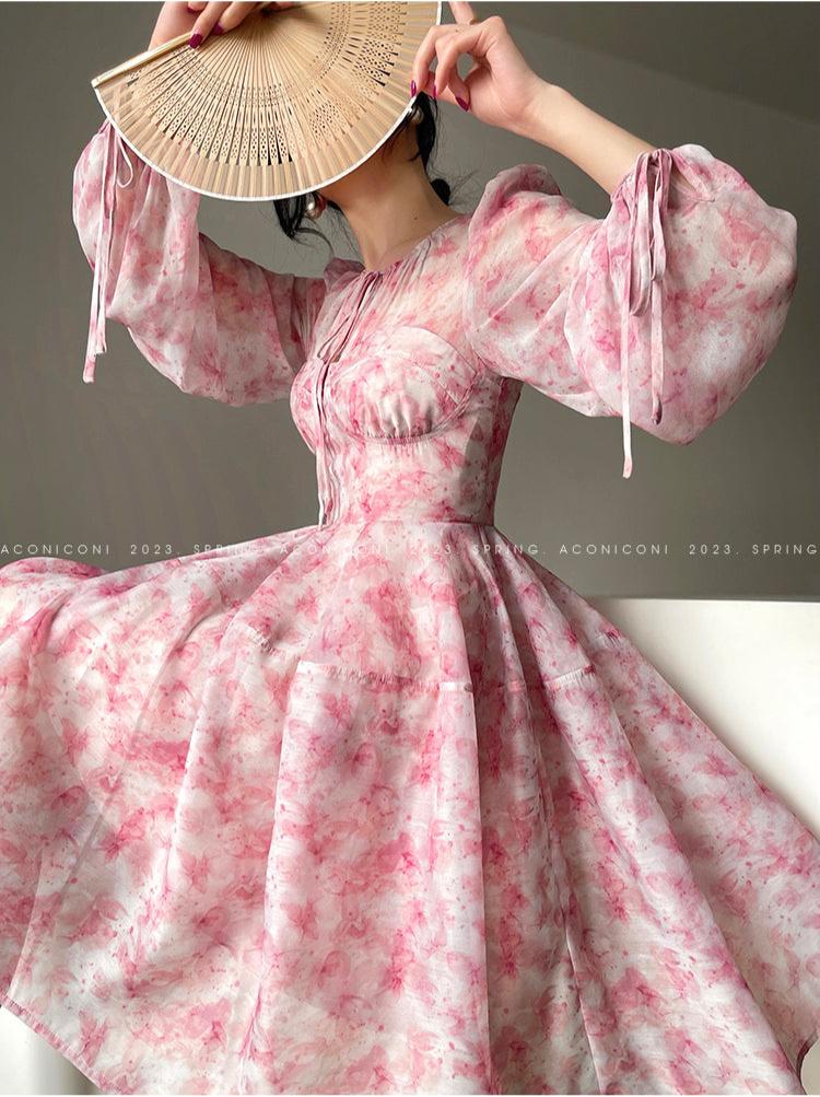 Aconiconi Pink Crew Neck Long Sleeve High Waist A-Line Short Dress- Spring Brewing XS / Short Sleeve Aconiconi Pink Crew Neck Long Sleeve High Waist A-Line Short Dress- Spring Brewing XS / Short Sleeve