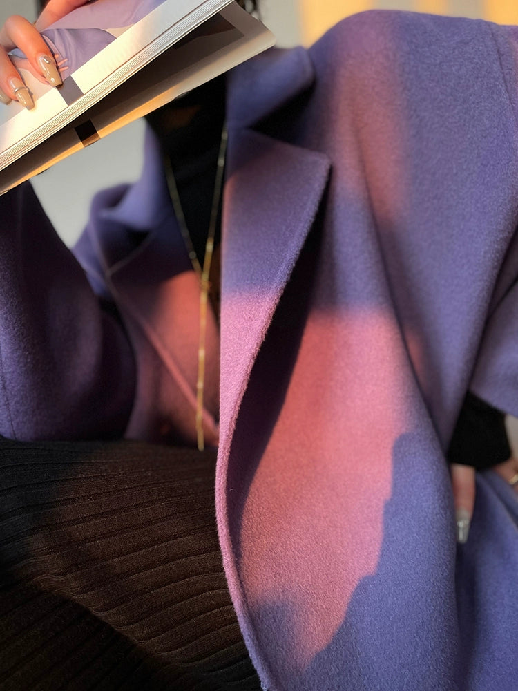 Aconiconi Luxury Purple Lapel Long Sleeve Long Straight Winter Coat- Taro