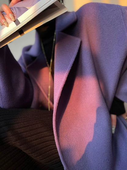 Aconiconi Luxury Purple Lapel Long Sleeve Long Straight Winter Coat- Taro