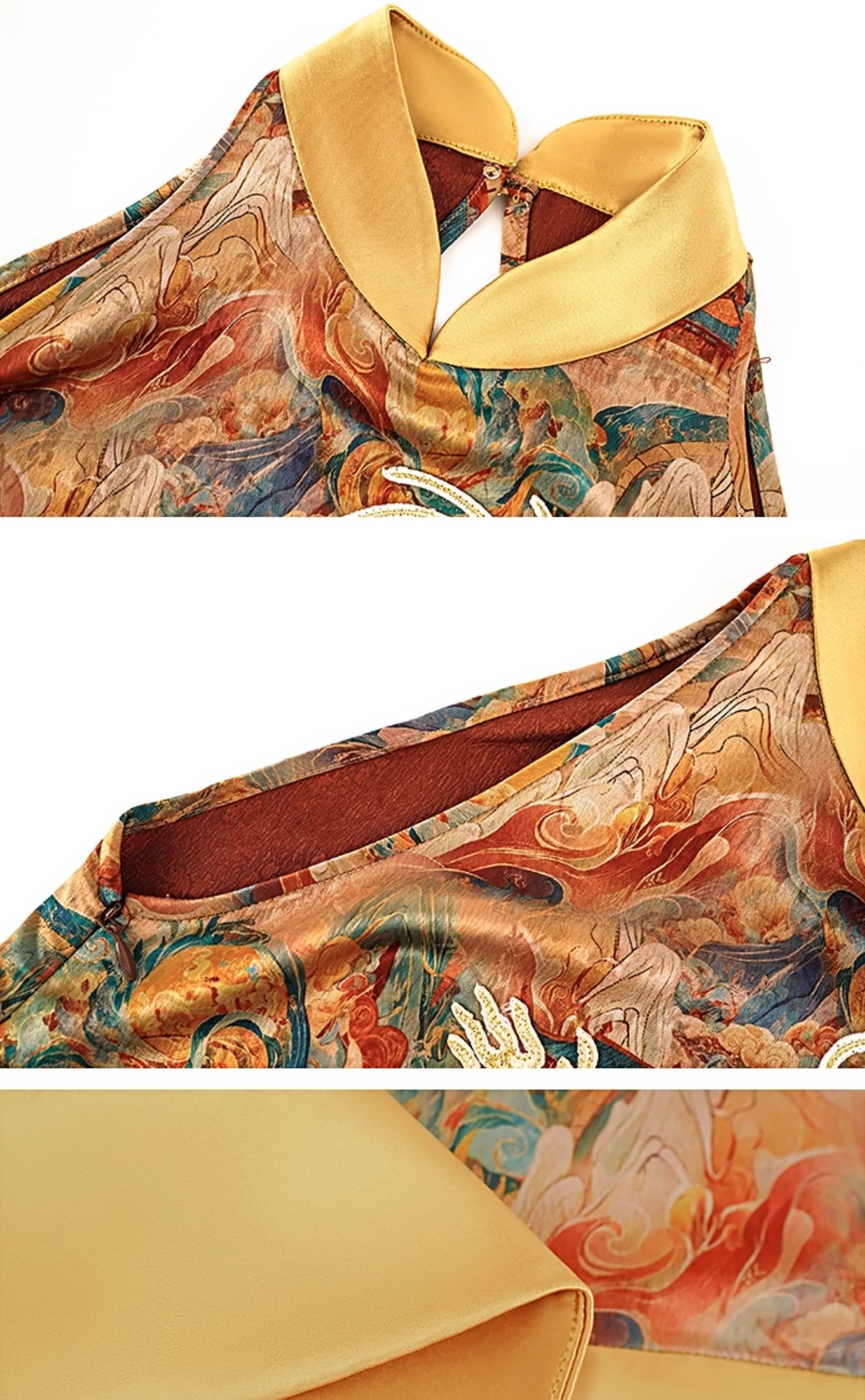 HECO Chinese Stand Collar Color-Blocked Golden Dragon Embroidery Dress - ZIPH