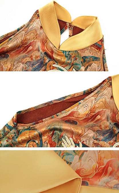 HECO Chinese Stand Collar Color-Blocked Golden Dragon Embroidery Dress - ZIPH