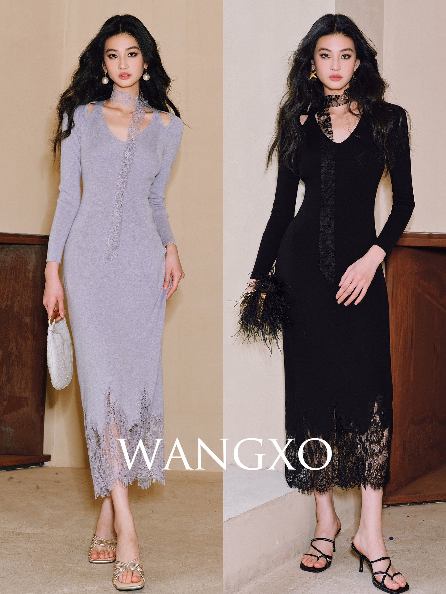 WANGXO | Merino Wool Knit with Panelled Eyelash Lace Slim Dress -NÉRO.