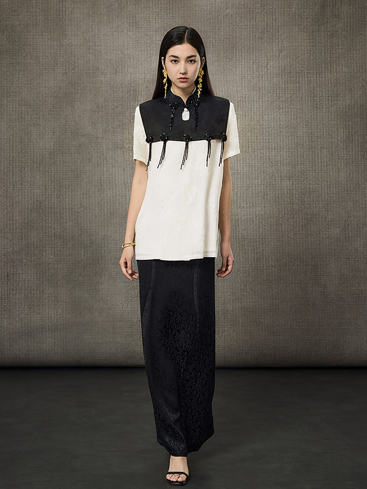 HECO Short Sleeve Mandarin Neckline Loose Summer Top - CENTER.