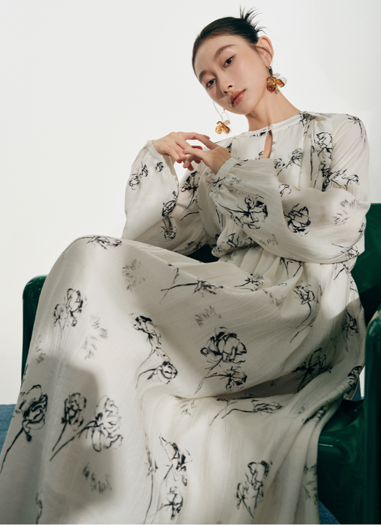 SUSHE white moonlight ink jacquard A-line  French summer long sleeve dress women-FLORA