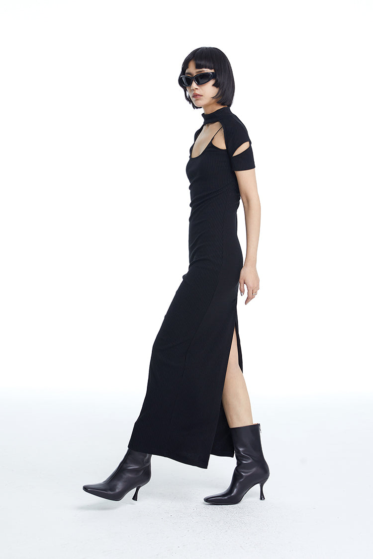 TINY IN fake two-piece deconstructed knitted back slit midi black dress -PUPIN