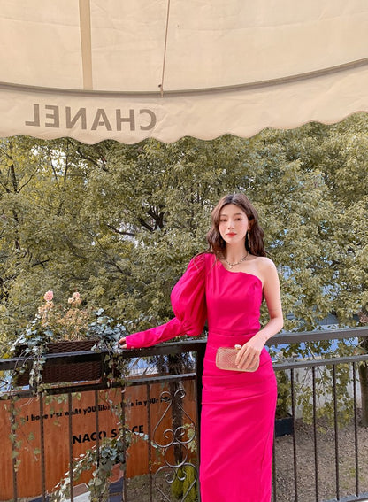 DOLLY Elegant Pink One Shoulder Lantern Sleeve High waist Slit Long Party Dress-KATE