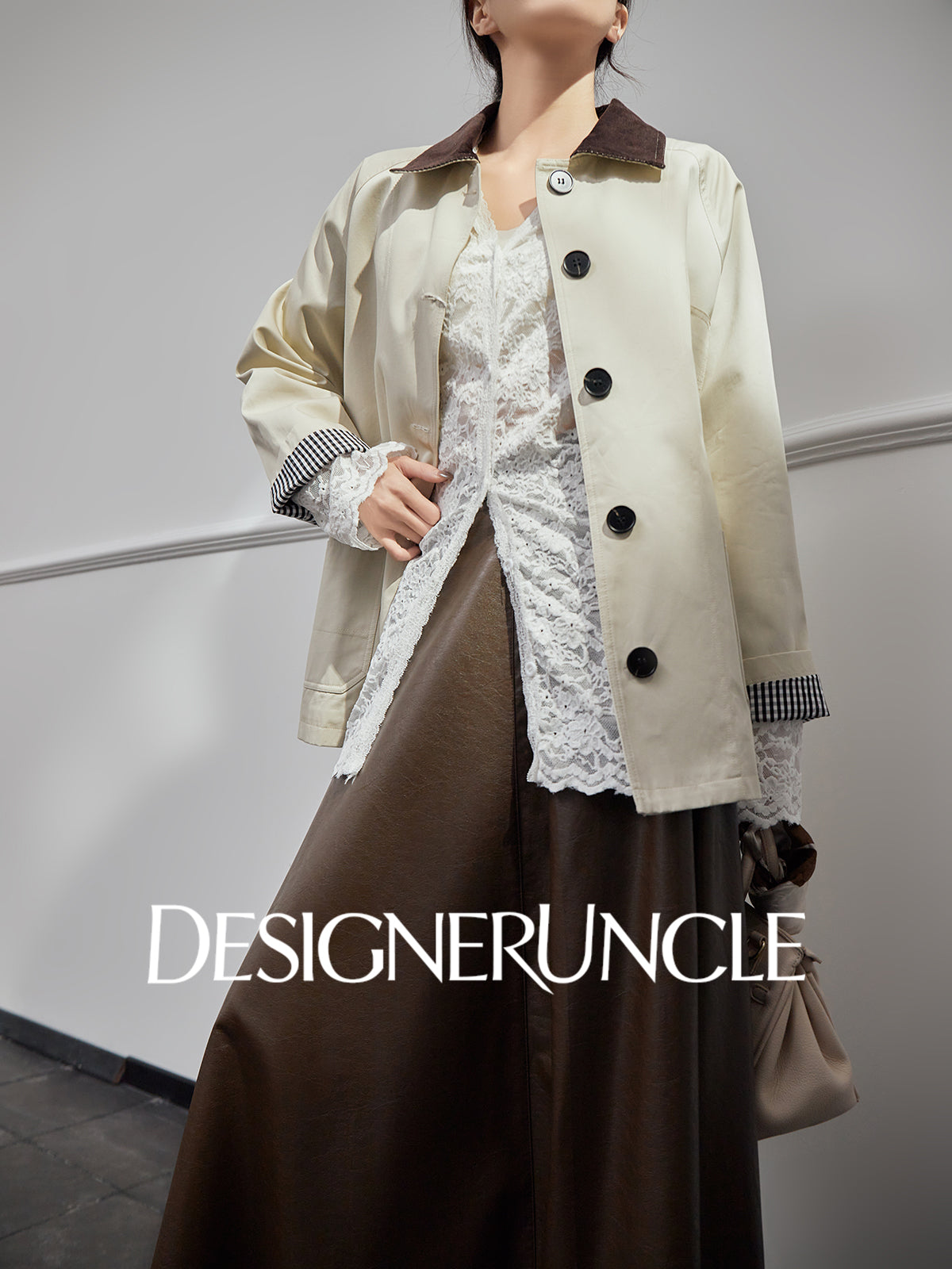 DGU| Off-white trench niche design plaid patchwork lapel long-sleeved jacket - PRAISES.