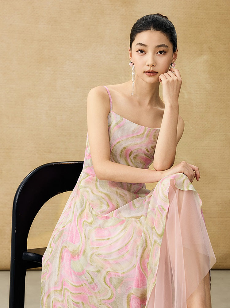 HECO Chinese Style Silk Chiffon Slip Summer Water Ripple Print Long Skirt - PEKKER.