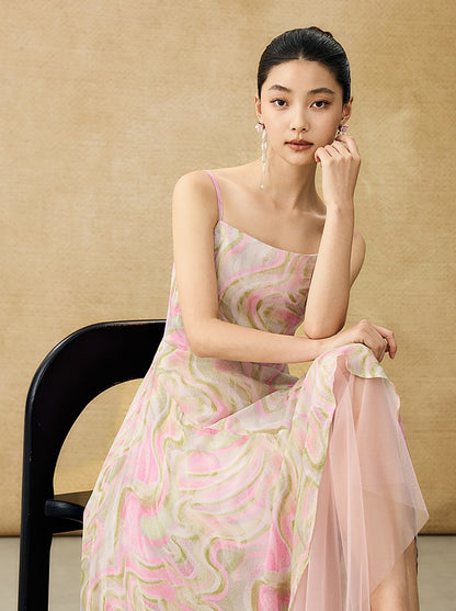 HECO Chinese Style Silk Chiffon Slip Summer Water Ripple Print Long Skirt - PEKKER.