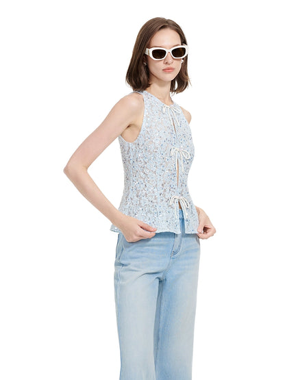 YES BY YESIR | Ye Qians Bright Blue Halterneck Lace Shirt Top -AZALEIA.