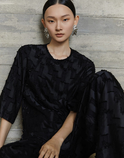 HECO Round Neck Square Tassel Design Texture Shirt Top Women - reign.