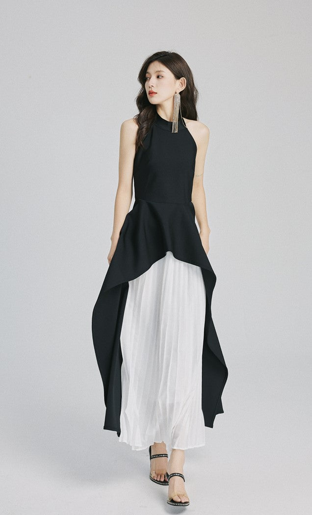 DOLLY High End White/Black Sleeveless Ruffled Halter Neck Top+ Pleated Skirt-SOLANGE