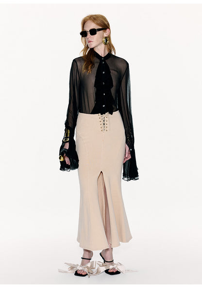 ATELIER MISS LU Court Style Flowing Sheer Mulberry Silk Top - ROSEMARY