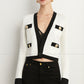 Fall Autumn Luxury White Black Embossed Button V-neck Knitted Cardigan Jacket - ISurt