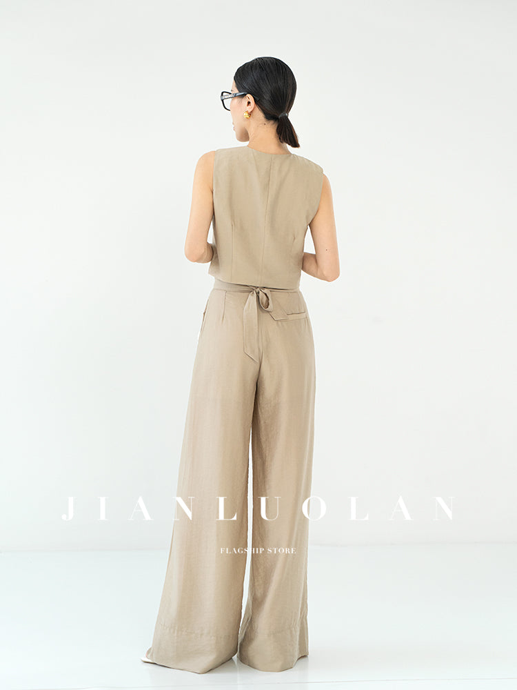 Huanzi custom sleeveless vest top high waist wide leg pants suit two-piece -Wola