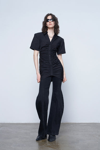 ANNAKIK Black and white pleated waist V-neck dress-FANSIA