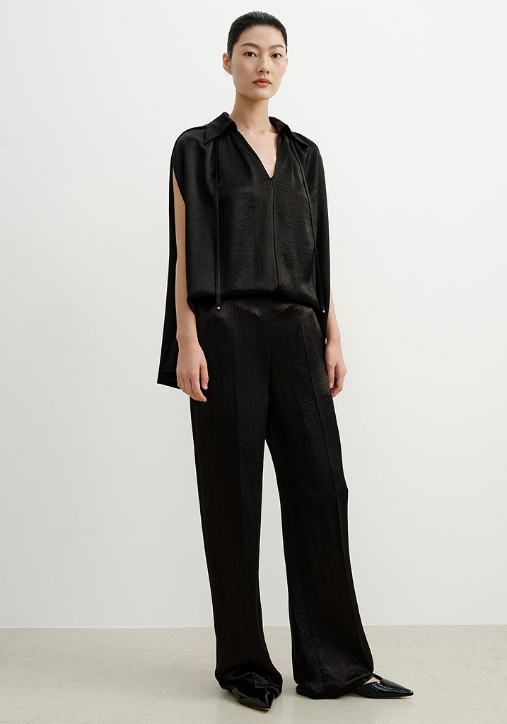 COMME MOI Summer Women's Black Satin Straight Pants - ADELINE.