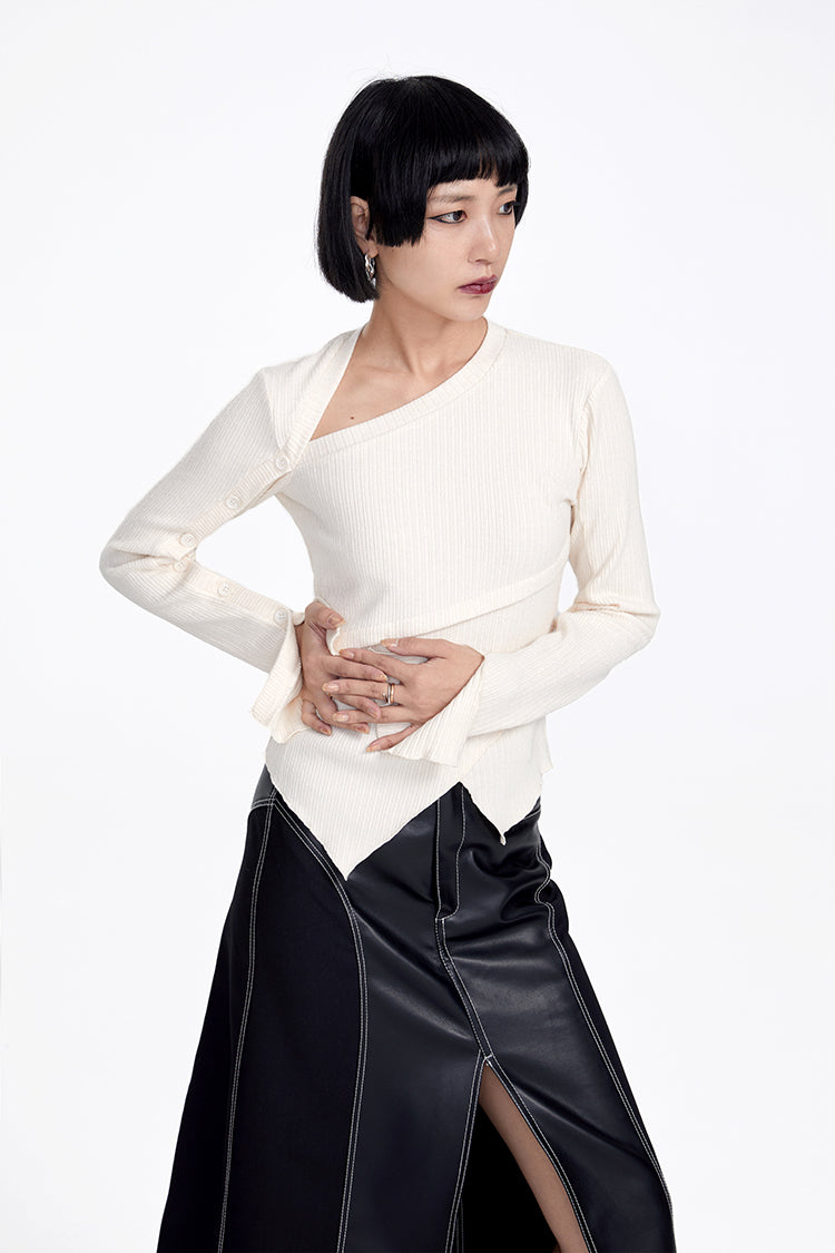 TINY IN button sleeve asymmetric knit women's black top-TAKA