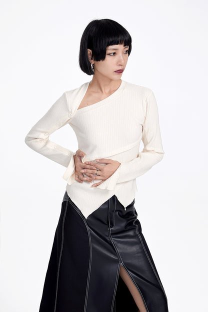 TINY IN button sleeve asymmetric knit women's black top-TAKA