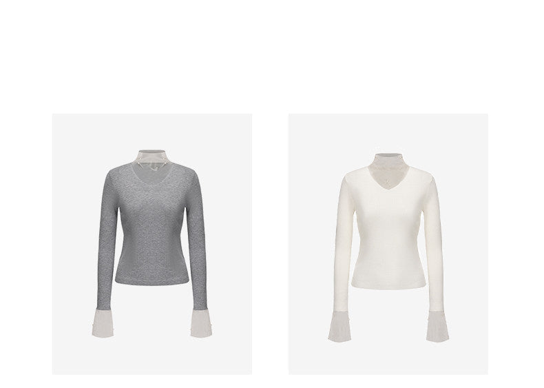 ATELIER MISS LU Pearl Embellished Gauze Patchwork Knit Top - MATT