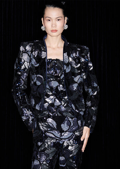 M essential Mackay Magnolia embroidered sequins padded shoulder crop coat dress pants suit - Ilie.