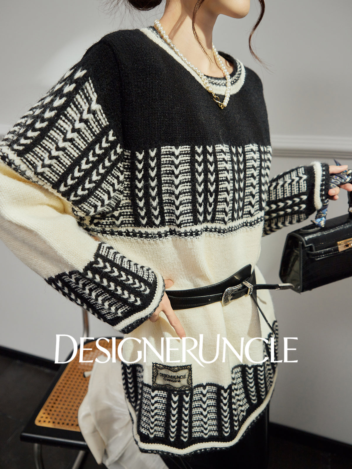 DGU "Ink Domain" black knitted sweater loose slimming retro versatile jacket - Jessie.