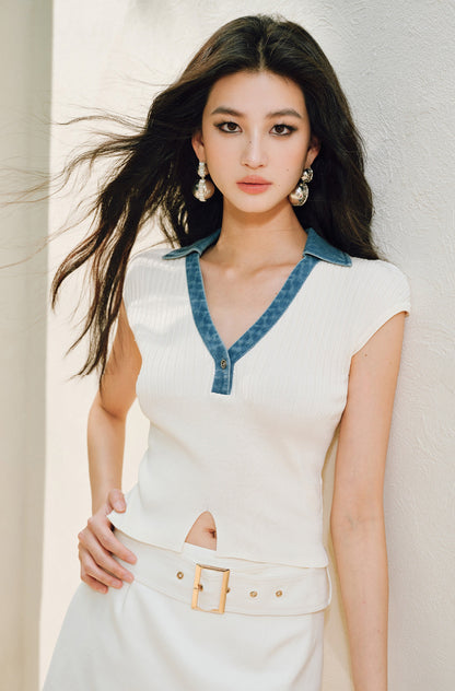 WANGXO | Soft Glutinous Knit & Contrasting High-Quality Denim V-Neck Slim Top -NIVA
