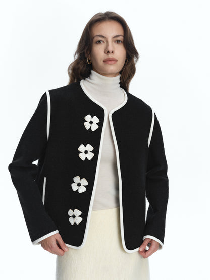SERRER White leather flower studded black wool coat - LIAM.