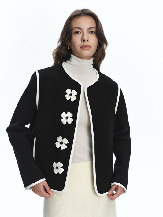 SERRER White leather flower studded black wool coat - LIAM.