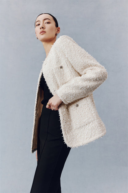 PURITY luxury chic three-dimensional tweed white coat- Mirabel