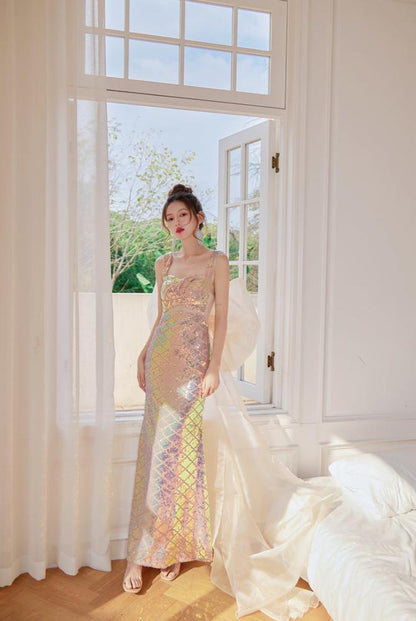 DOLLY Elegant V-Neck Sleeveless High Waist Long Fish Tail Banquet Dress-PHANIE