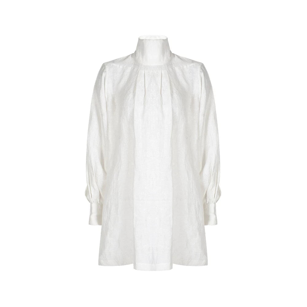 TUYUE White Linen Stand Collar Puff Sleeve Loose Silhouette Top - EVE.