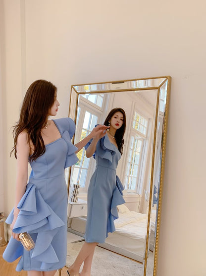 DOLLY Elegant Off Shoulder Ruffle Slim Fit Midi Wedding Guest Dress-JADE