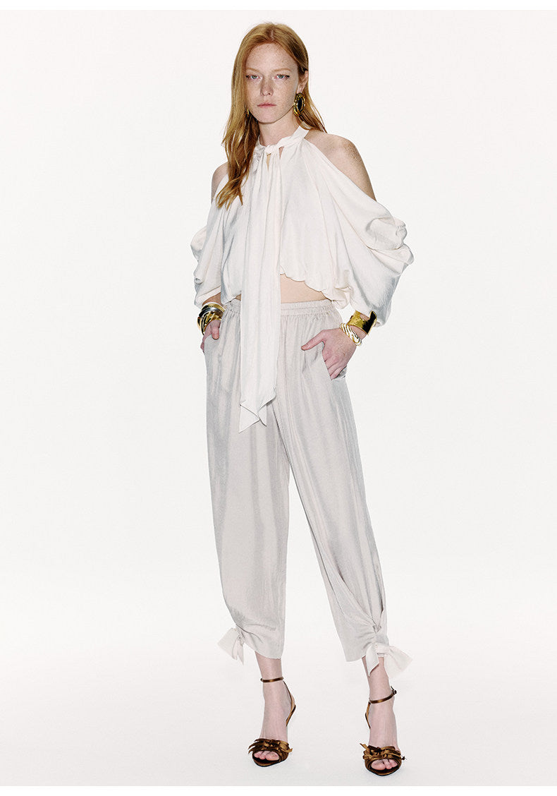 ATELIER MISS LU Draped Off-the-Shoulder Streamers Acetate Top - ATTERY