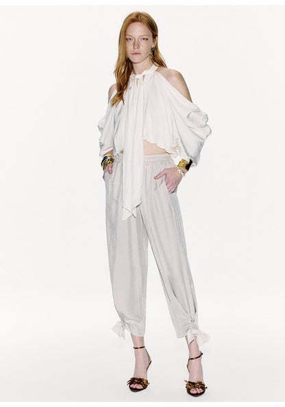 ATELIER MISS LU Draped Off-the-Shoulder Streamers Acetate Top - ATTERY