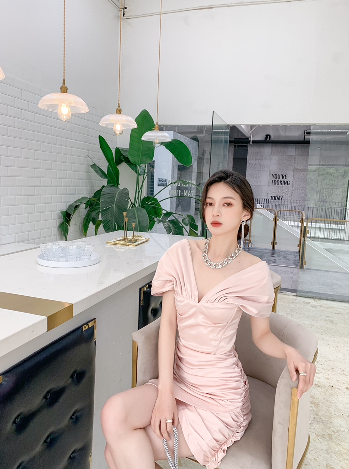 DOLLY Elegant V-Neck Short Sleeve Tube Top Slim Fit Pleated Short Date Dress-LITA