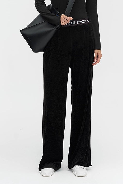 COMME MOI Lu Yan designer new women's velvet acetate logo wide-leg pants - FEEL.