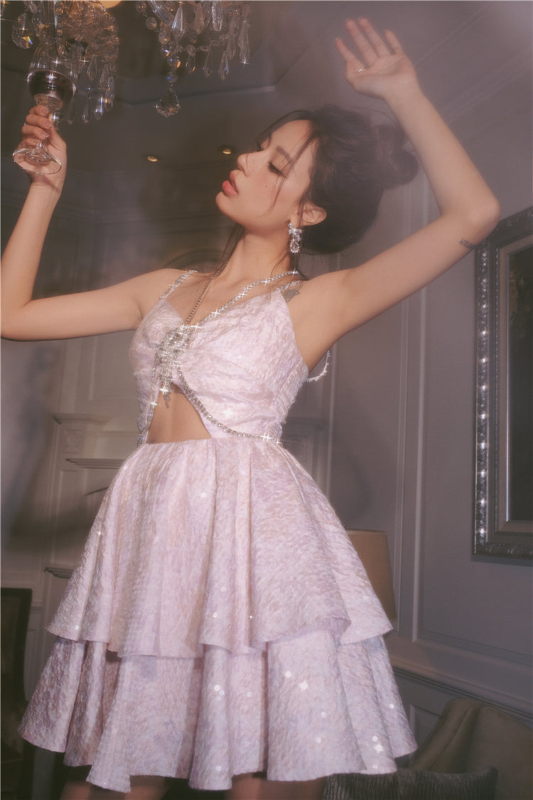 Wardrobes by Chen Pastel Purple V-Neck Sleeveless Diamond Pleat Dress-Shinee