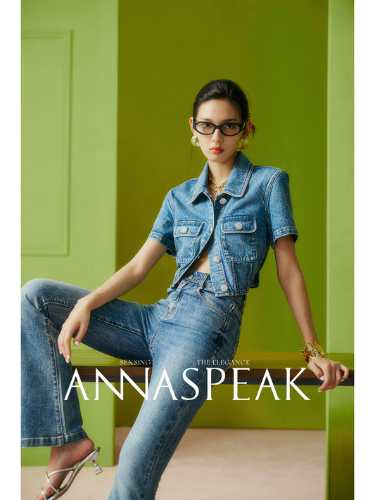 AnnaSpeak Luxury Blue Demin Lapel Short Sleeve Straight Short Jacket-Willy