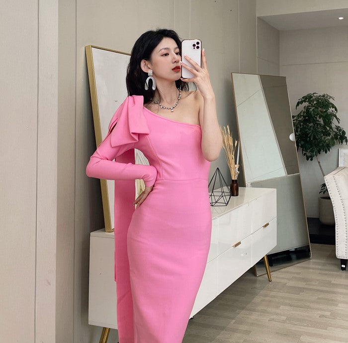 DOLLY Elegant Slant Collar Long Sleeve Bow Drape Body Hug Dinner Dress-CALA