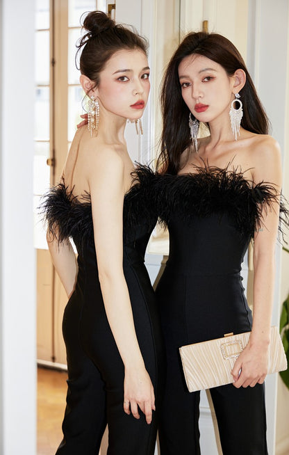 DOLLY High End Black Sleeveless Feather Tube Top Long Flared Pant Jumpsuit-PALMER