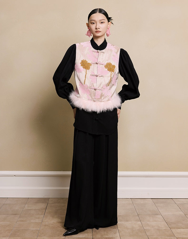 HECO 100% polyester Buckle Bead Embroidered pink apricot Round Neck Vest - spark.