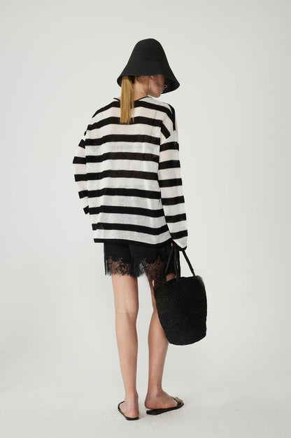 PIAOIN Striped Knitwear Women's Long Staple Cotton Crew Neck T-Shirt-NATALIA.