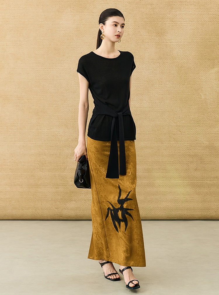 HECO Chinese high-end acetate bamboo feminine temperament printed slit skirt - COLT.