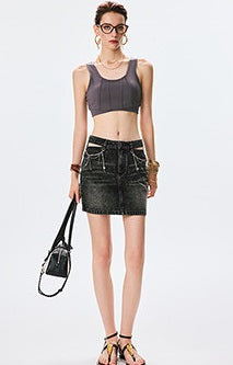 ANNASPEAK  cotton skirt high-waisted temperament denim skirt -MOMO.