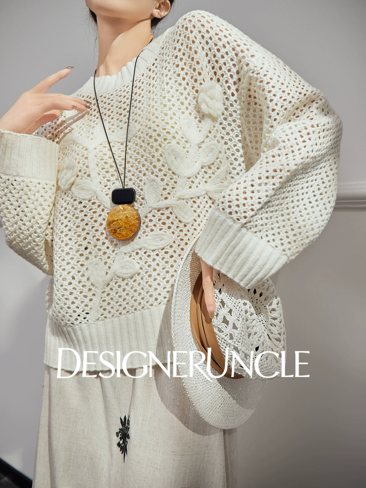 DGU|White sweater new loose design niche pullover light luxury hollow knitted top - BEHOLD.