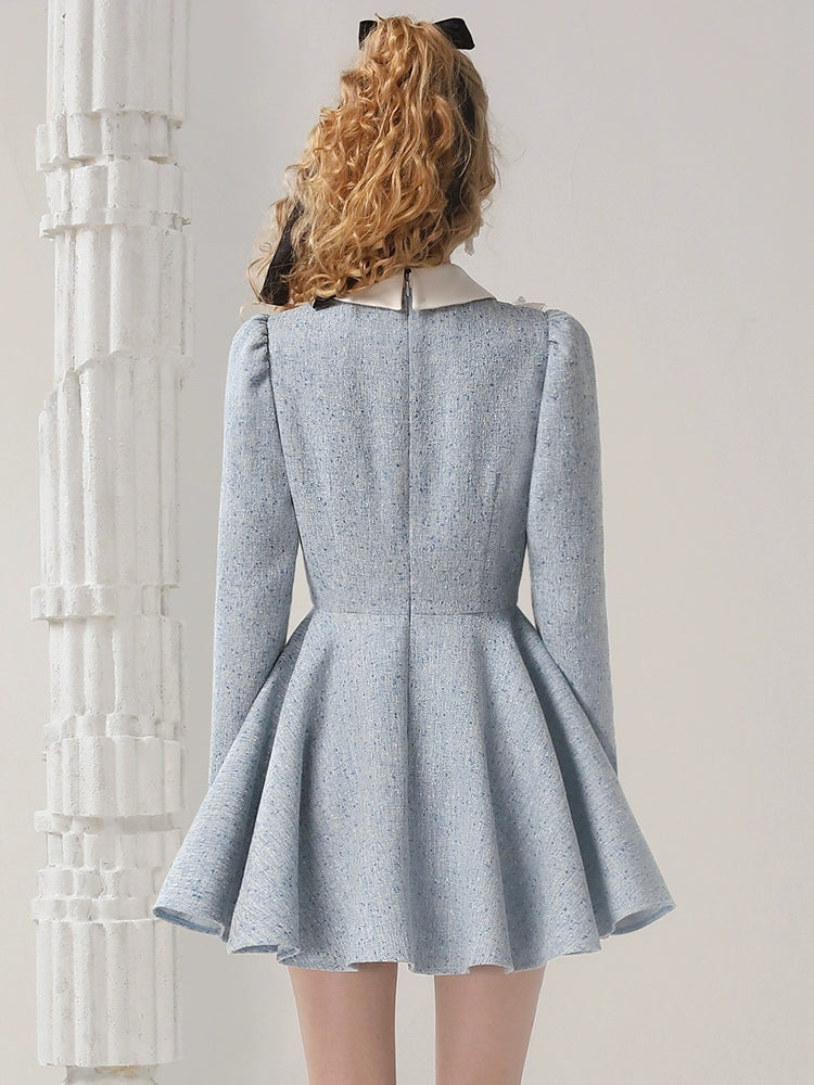 CHECOCRE Elegant Contrasting Lace Short Blue Dress Sweet Doll Collar - PUR