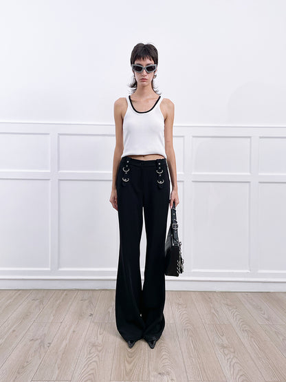 ANNAKIKI Designer Black Buckle Slim Fit Wide-Leg Casual Boot Pants-SAKATA