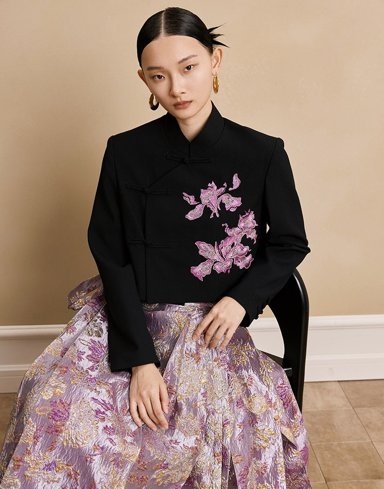 HECO Hanfu wool blazer iris embroidered  long sleeve TOP - KEEP.