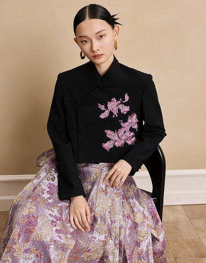 HECO Hanfu wool blazer iris embroidered  long sleeve TOP - KEEP.